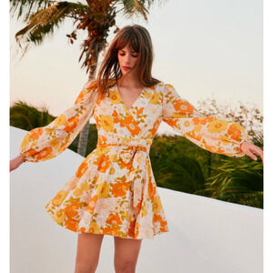 MILLE Nan Long Sleeve Cotton Wrap Mini V-neck Dress in Retro Floral, size XL